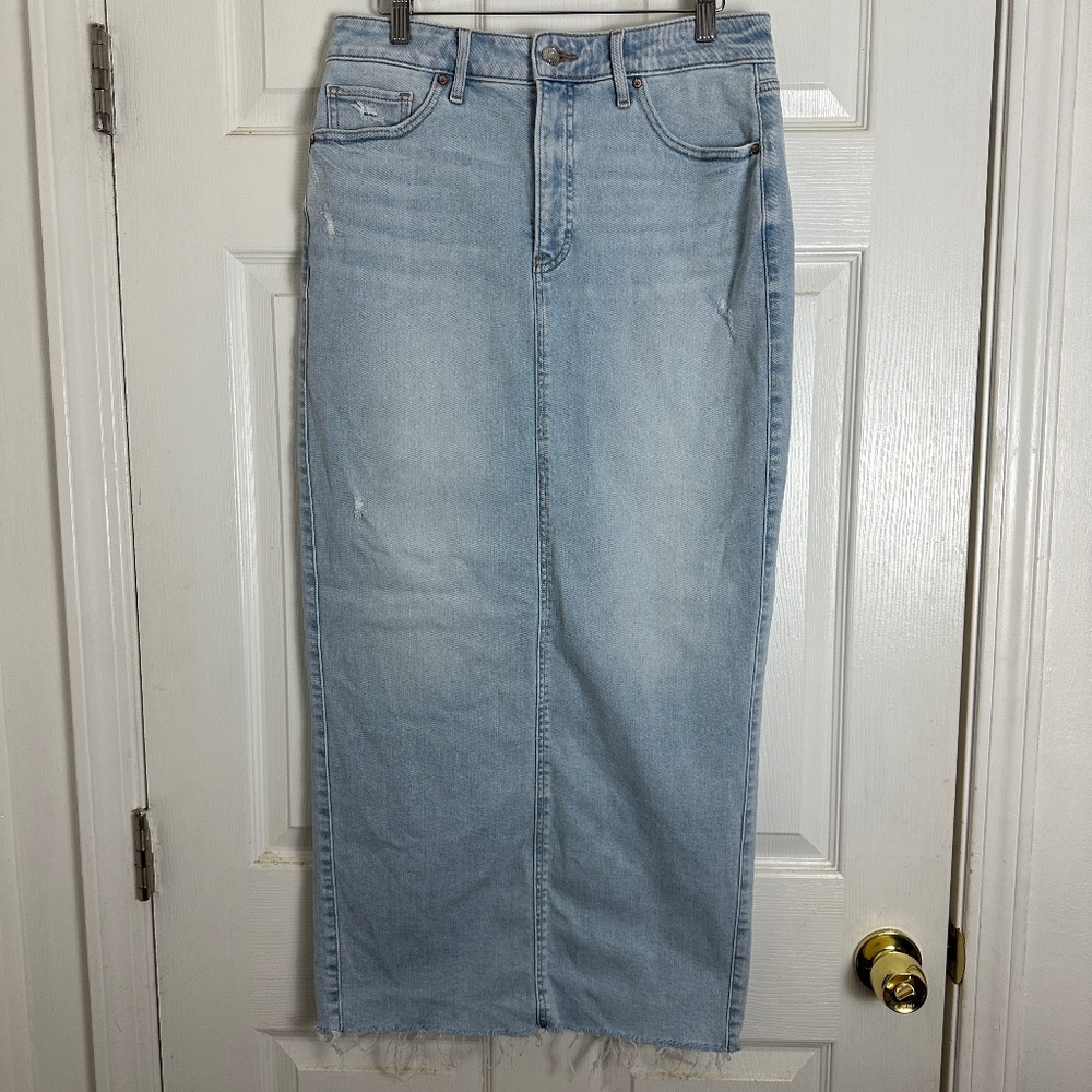 ! Express Conscious Edit Mid Rise Denim Light Wash Midi Jean Slit Skirt Women 6